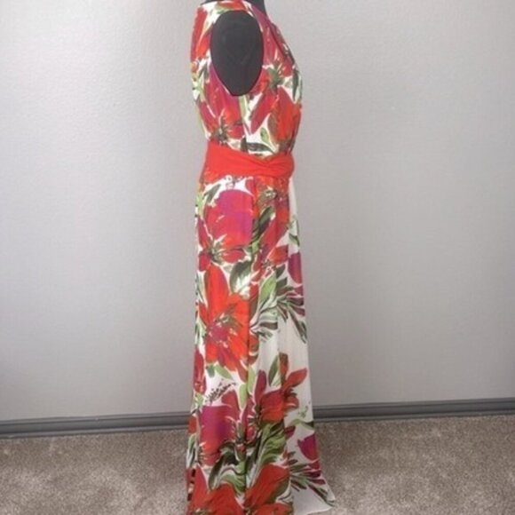 Eliza J Tropical Floral Maxi Gown Chiffon Pleated Sleeveless Dress Cream Red 10 - Picture 6 of 11